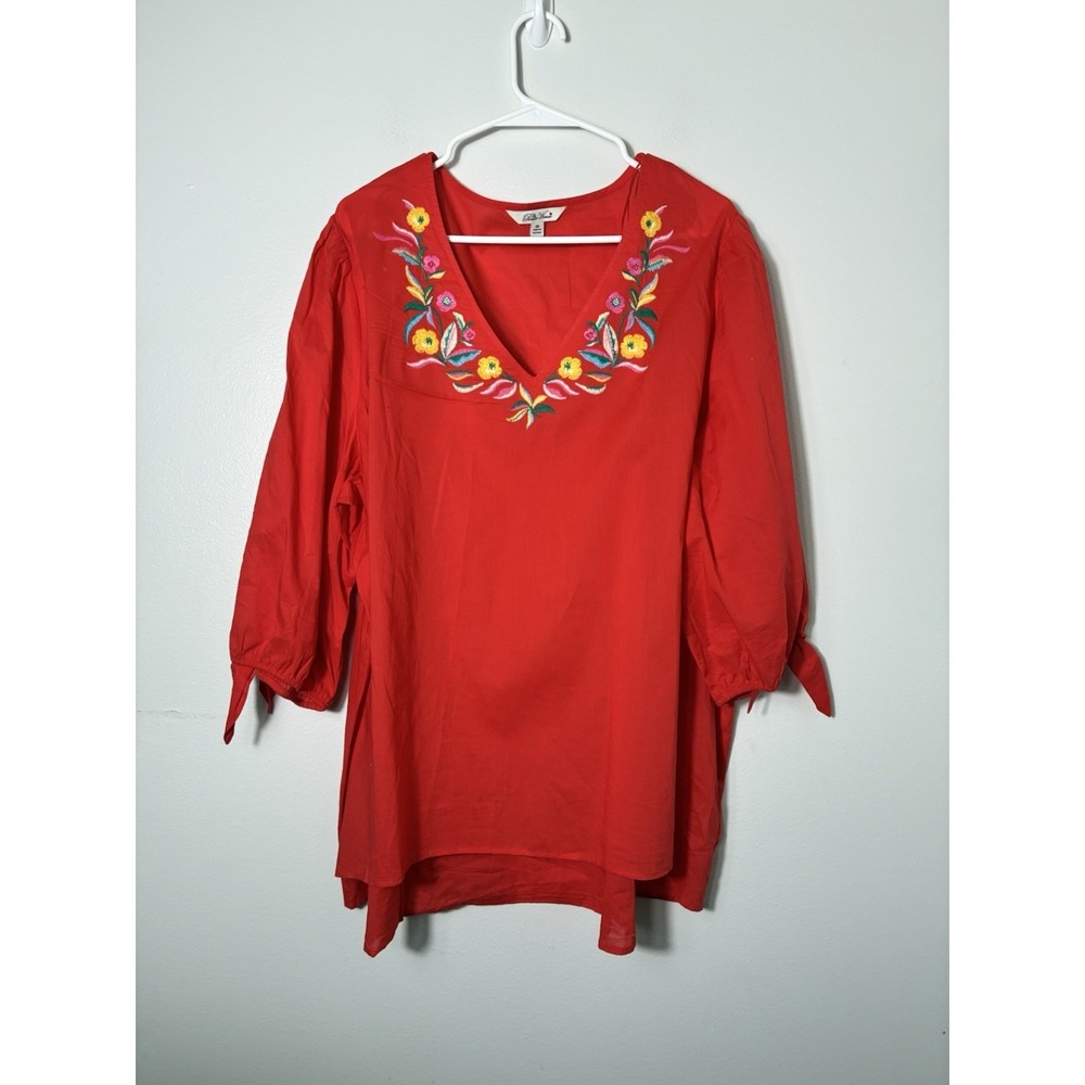 The‎ Pioneer Woman Red Embroidered 100% Cotton Blouse 2XL 3/4 Sleeve Lightweight